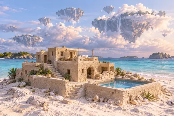 Sand villa beneath floating cloud islands.