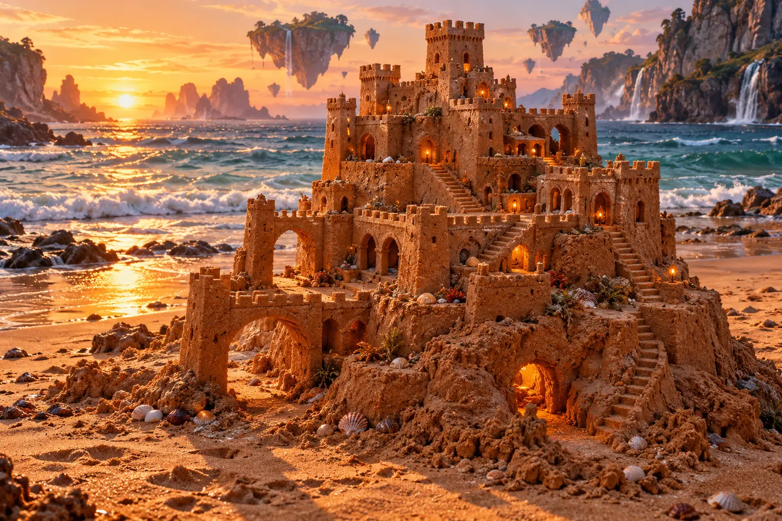 Burnt Orange Sandcastle on a Sapphire Shore.