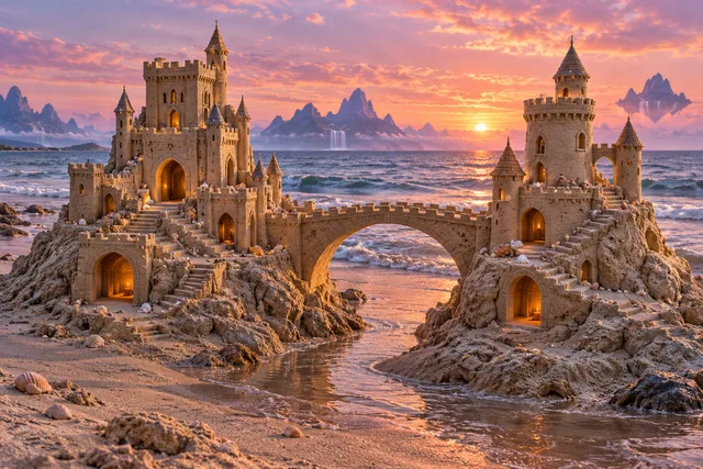 Two sandcastles connected by an arched sand bridge over a tidal channel at sunset.