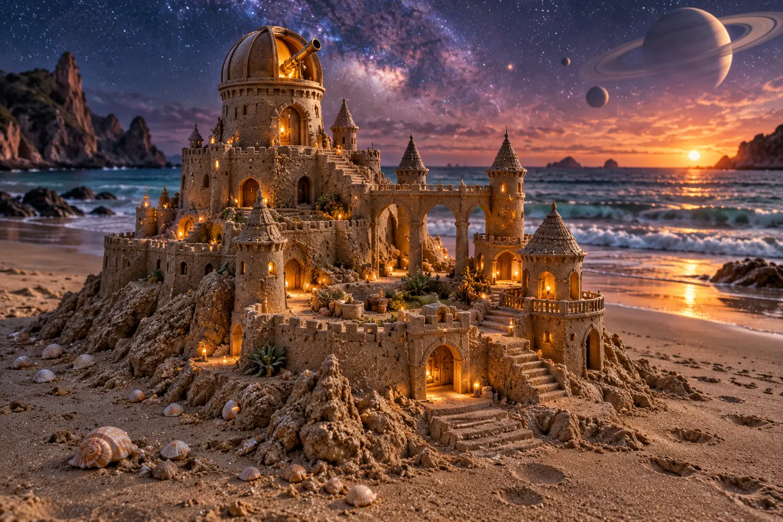 Miniature Sandcastle Observatory Under a Ringed Planet.