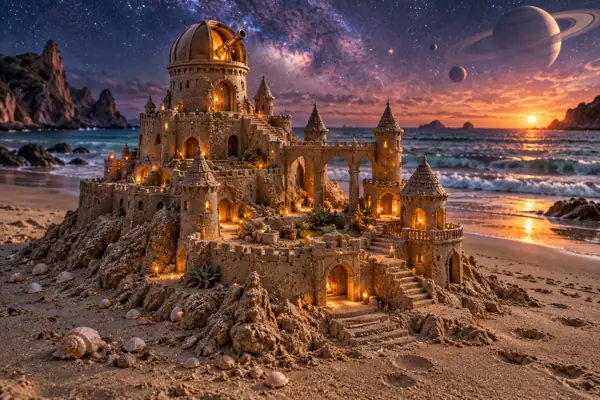 Miniature Sandcastle Observatory Under a Ringed Planet.