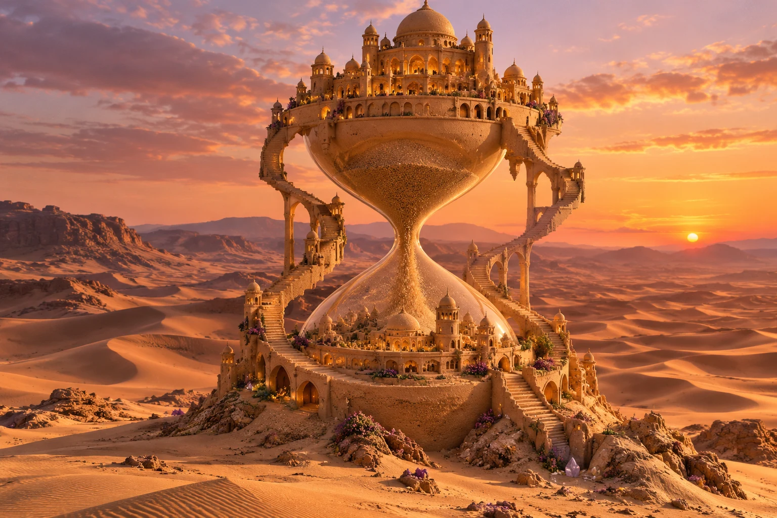 A sand palace built around a giant hourglass with winding stairs at sunset.