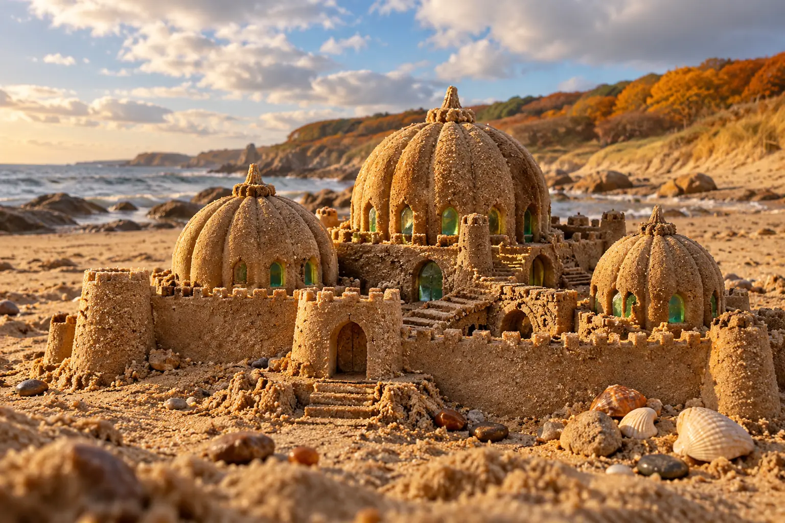 Ribbed Pumpkin Sandcastle Among Coastal Dunes.