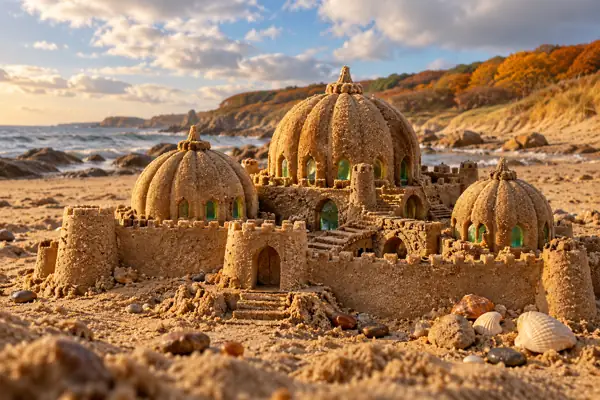 Ribbed Pumpkin Sandcastle Among Coastal Dunes.