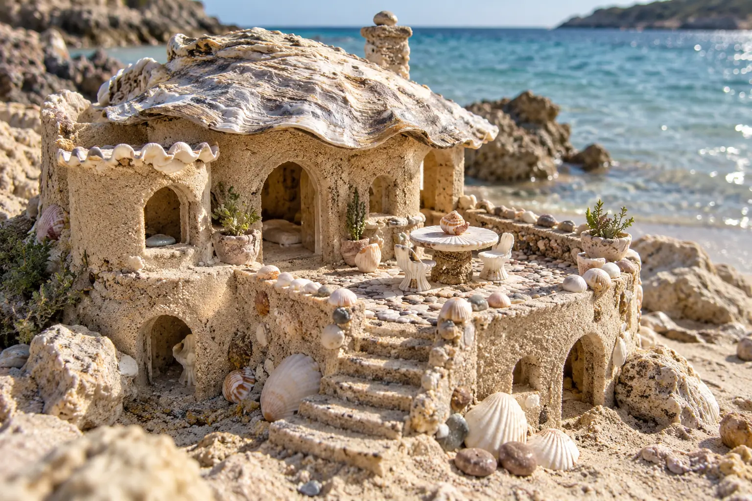 Oyster-shell-roofed sand manor by turquoise water.