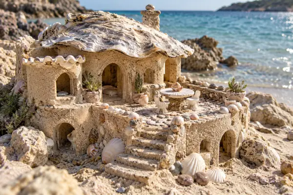 Oyster-shell-roofed sand manor by turquoise water.