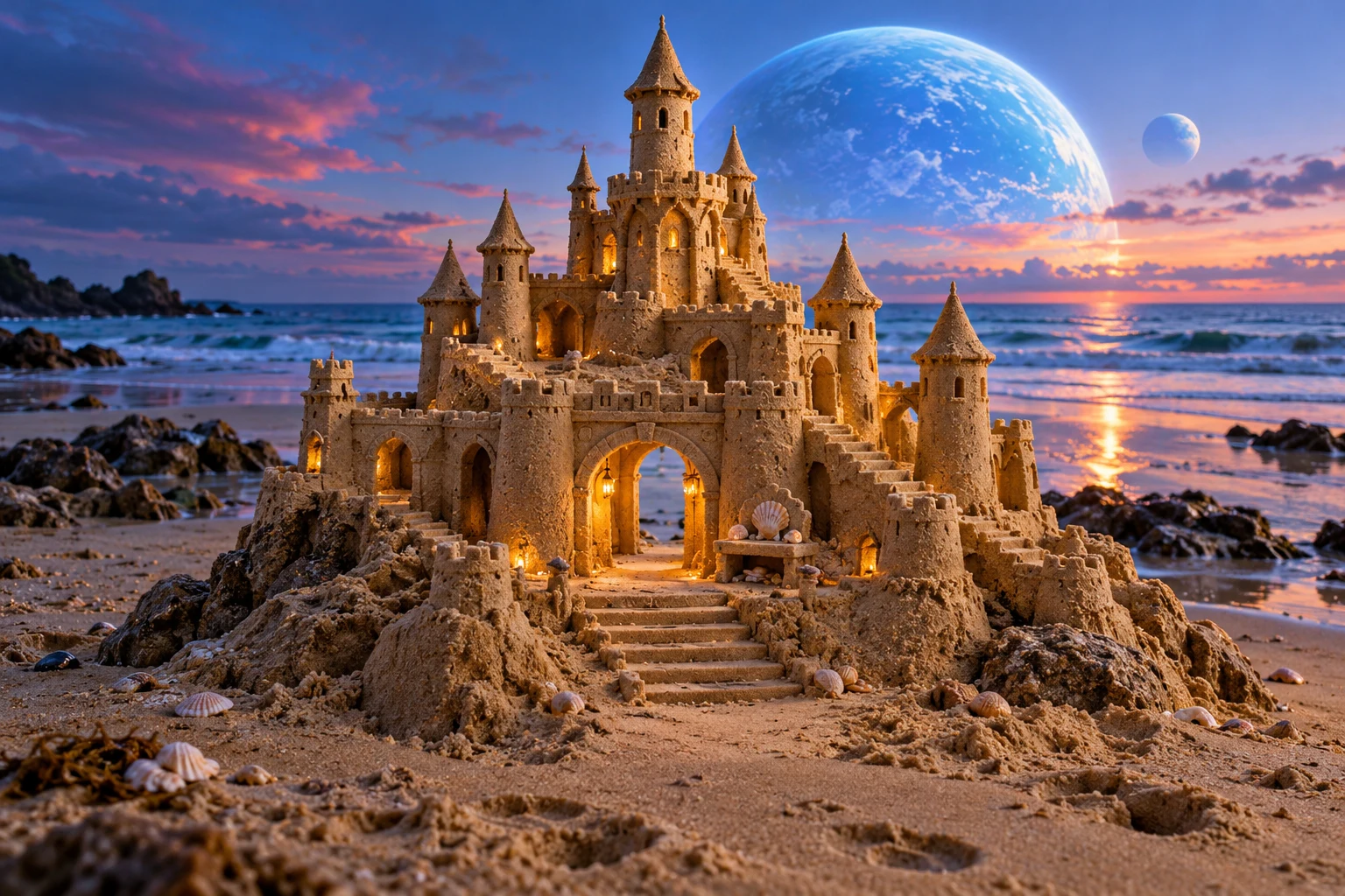 Glowing sandcastle with an open central arch beneath a large blue planet.