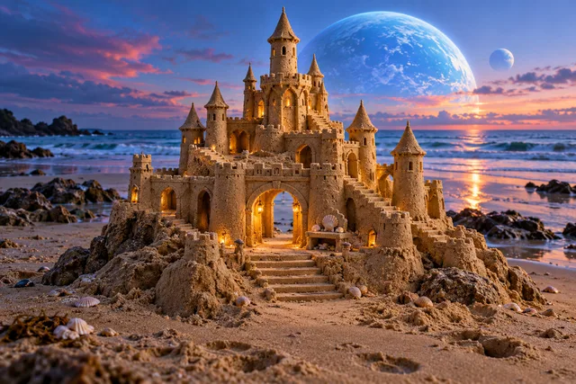 Glowing sandcastle with an open central arch beneath a large blue planet.