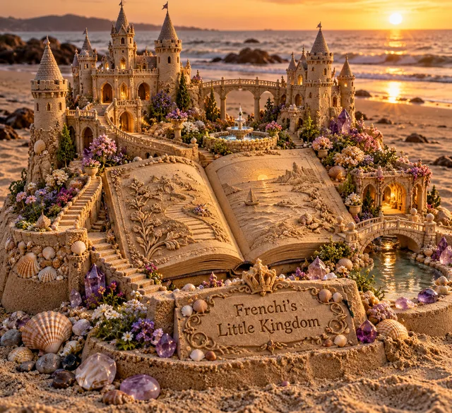 An open storybook sits before a sandcastle kingdom decorated with flowers and a Frenchi dedication.