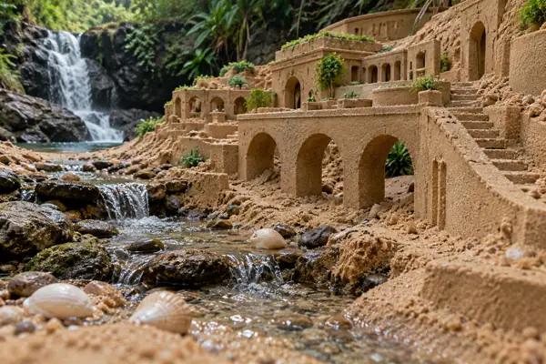 Miniature sand palace beside a creek.