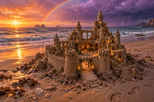 Hand-Carved Sandcastle Beneath a Rainbow.