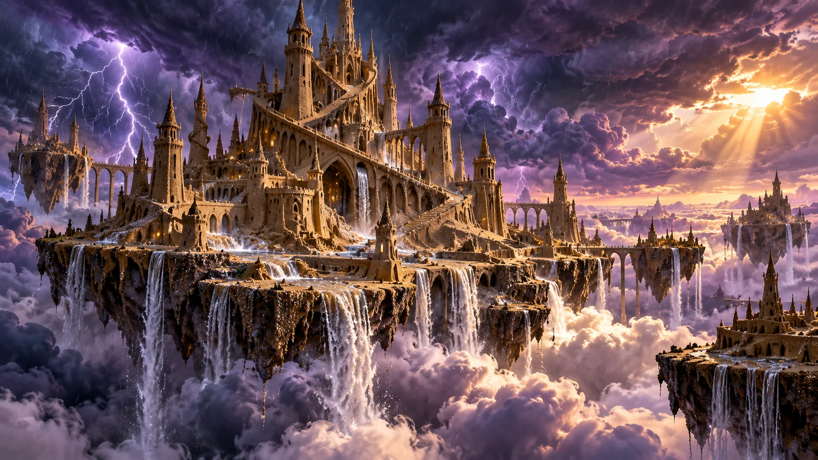 A towering sandcastle citadel floats above clouds beneath lightning and a dramatic storm sky.
