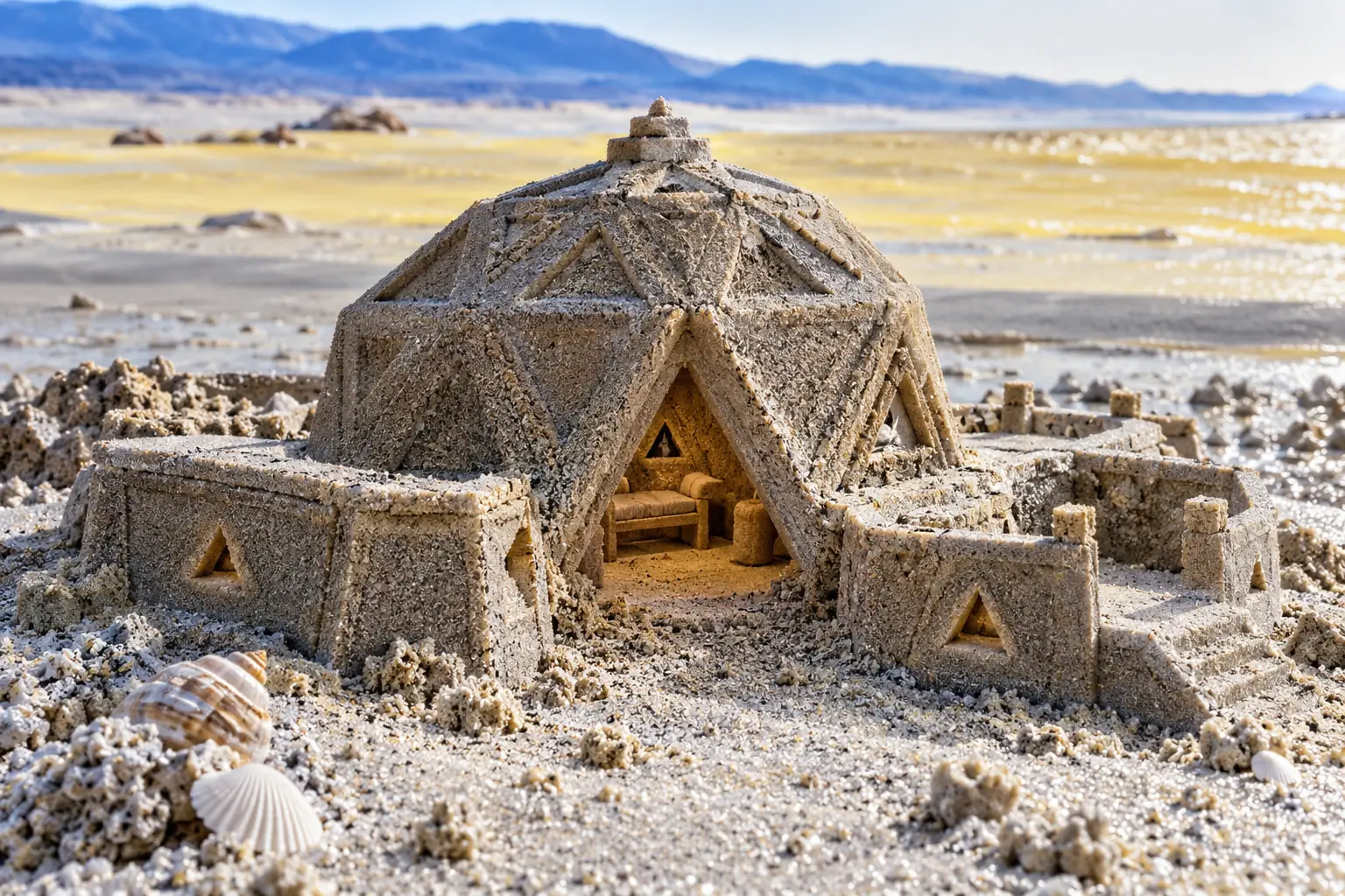 Miniature faceted sandcastle on alien beach.