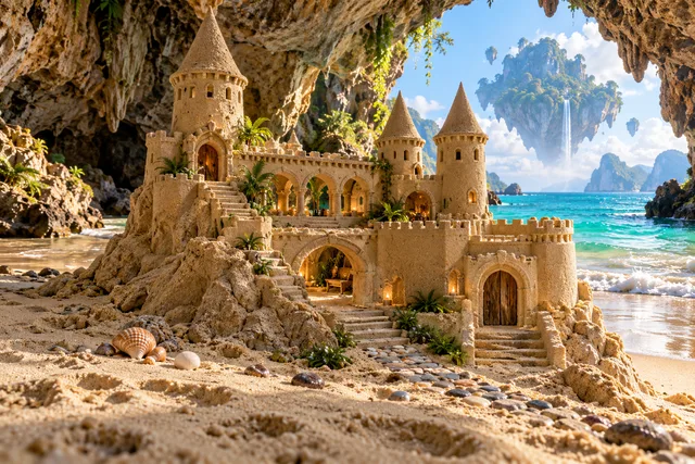 Sandcastle with an arched gallery inside a tropical cave overlooking an emerald sea.