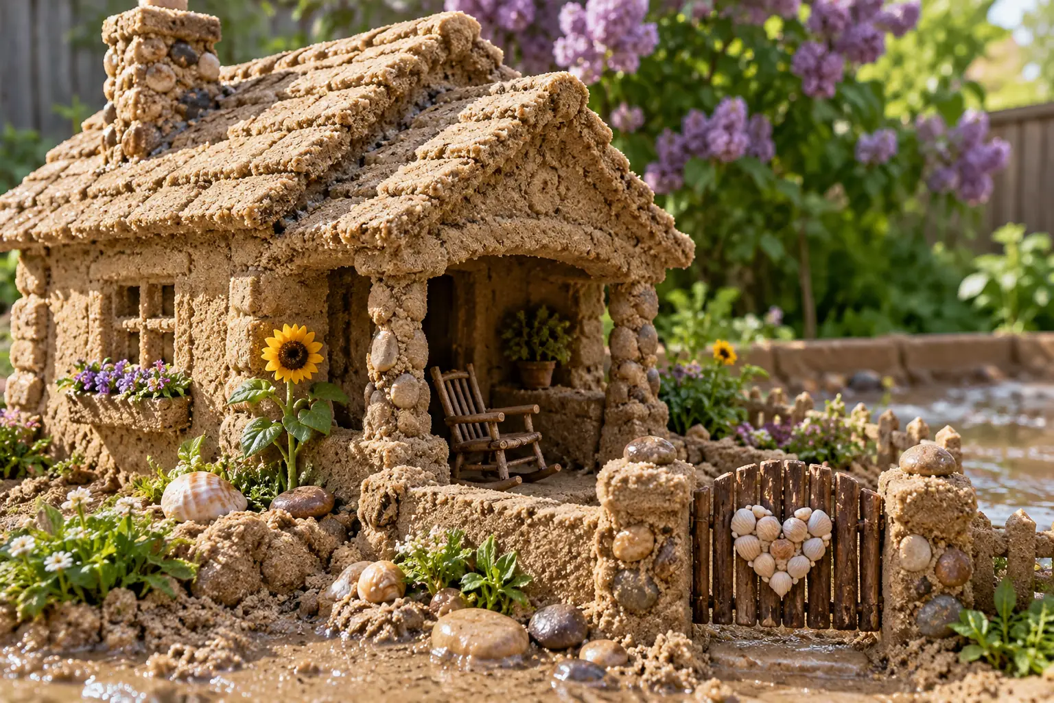 Rain-kissed sand cottage with shell-heart gate.