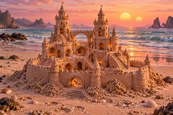 Rosy Sandcastle Beneath Twin Suns.