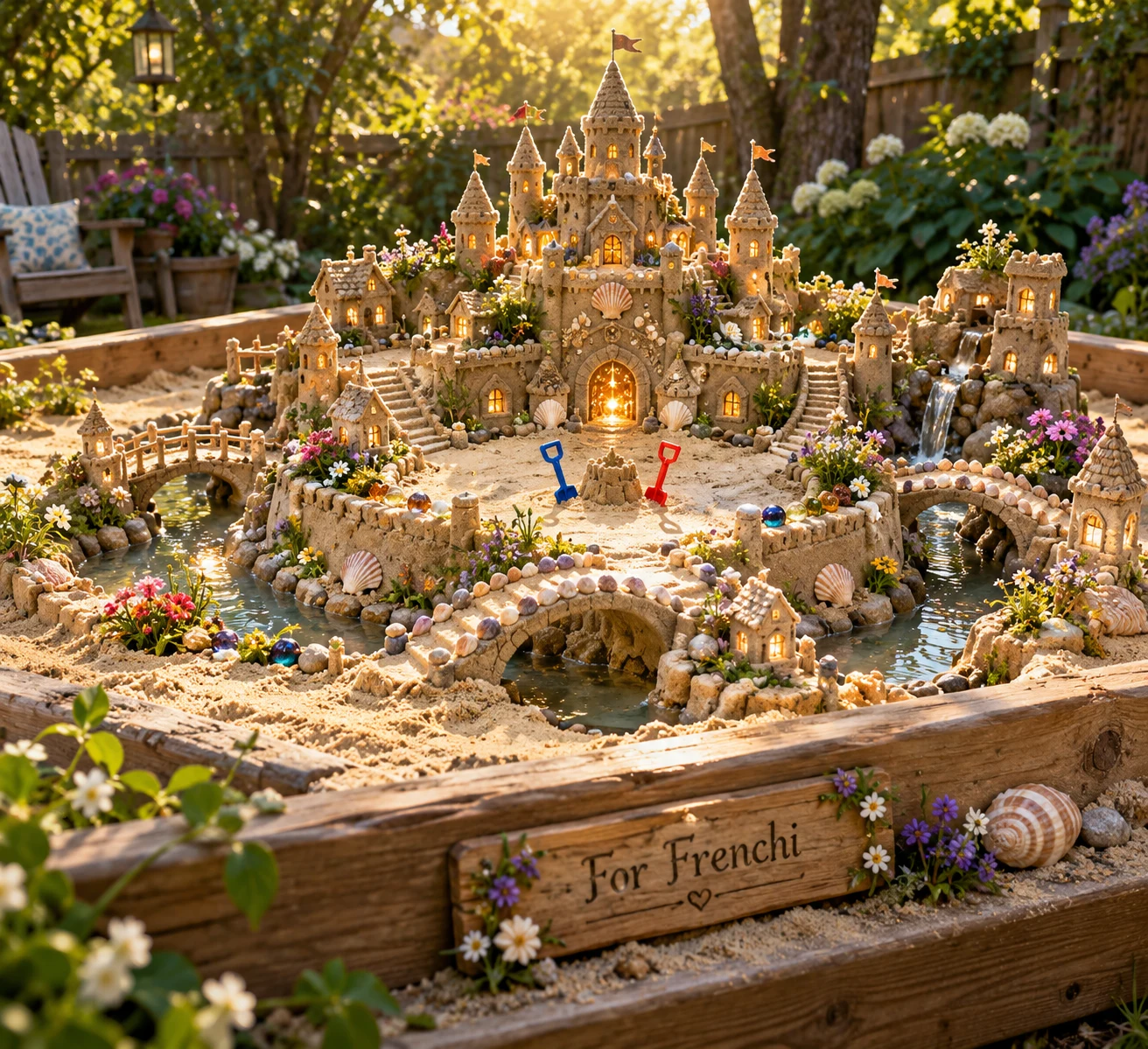 An ornate golden sandcastle in a sunlit garden sandbox with a dedication to Frenchi.