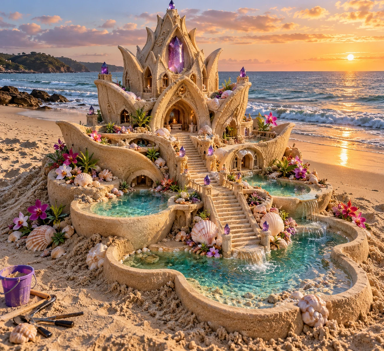 An orchid-shaped sand villa with amethyst accents and terraced turquoise pools at sunrise.