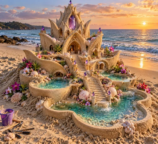 An orchid-shaped sand villa with amethyst accents and terraced turquoise pools at sunrise.