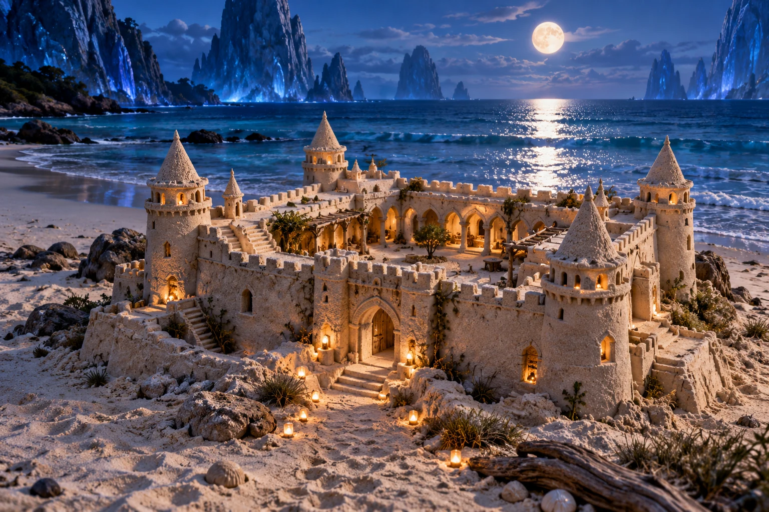 Moonlit sandcastle cloister with an open courtyard beside glowing blue cliffs.
