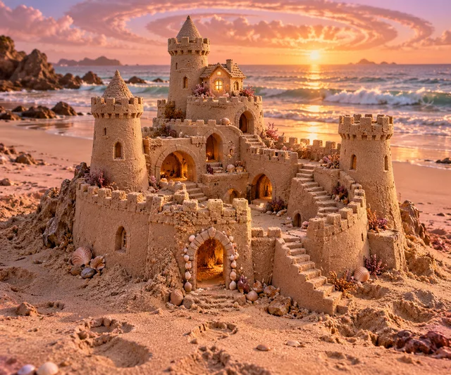 Rose-colored sandcastle with a tiny cottage beneath a spiral sunset sky.