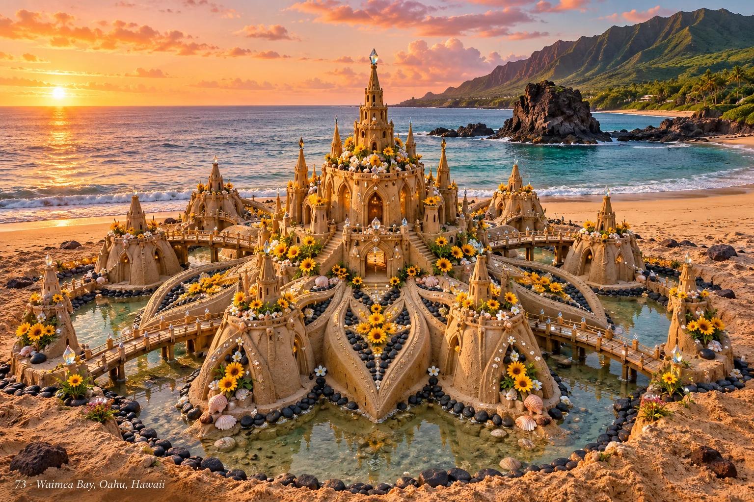 A sunflower-decorated sand kingdom with ornate towers beside Waimea Bay.