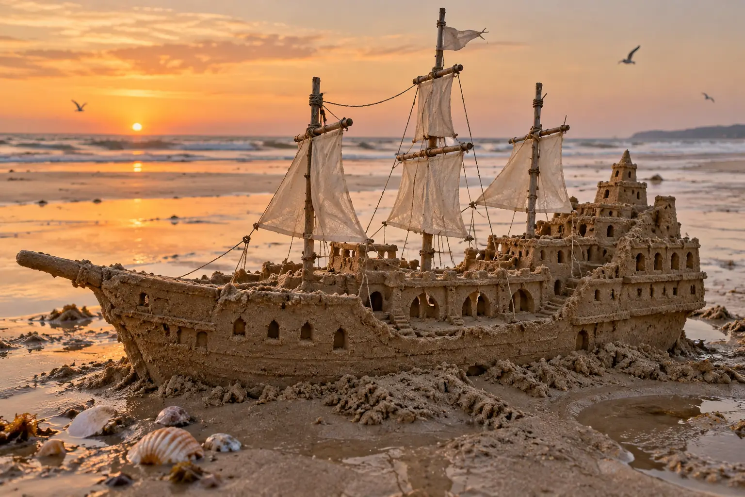 Handcrafted Sand Ship Palace at Sunrise.