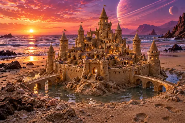 Golden Sandcastle Beneath a Ringed Planet.