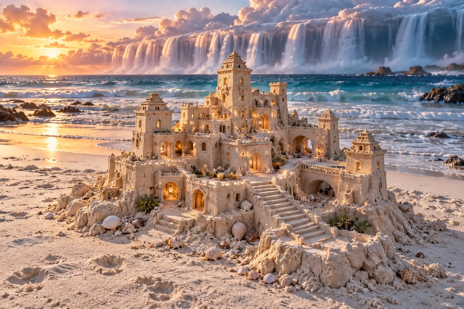 White Sandcastle Beneath Waterfall Clouds.
