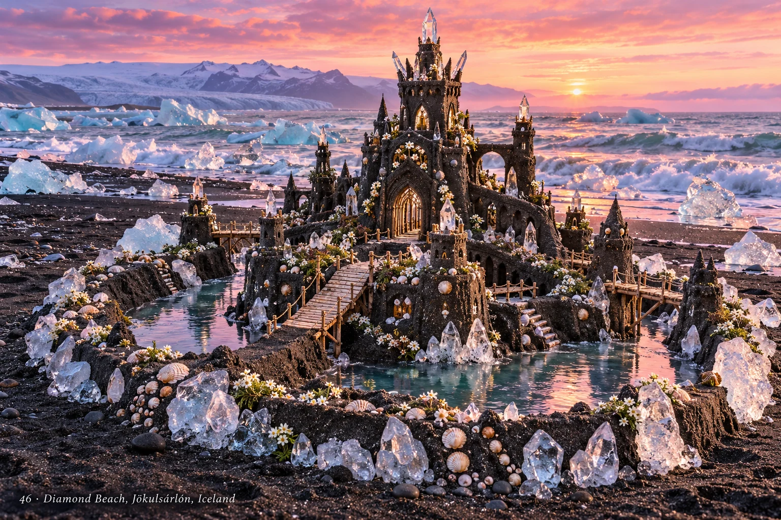A dark sandcastle crowned with sparkling crystals beside ice-strewn Diamond Beach.