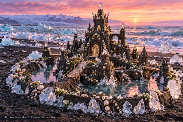 A dark sandcastle crowned with sparkling crystals beside ice-strewn Diamond Beach.