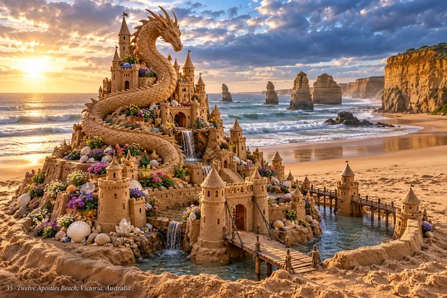 A dragon coils around a flower-covered sandcastle near the Twelve Apostles sea stacks.