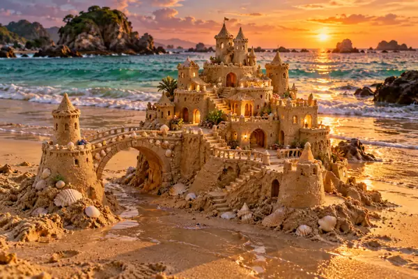 Golden Sandcastle by the Emerald Sea.