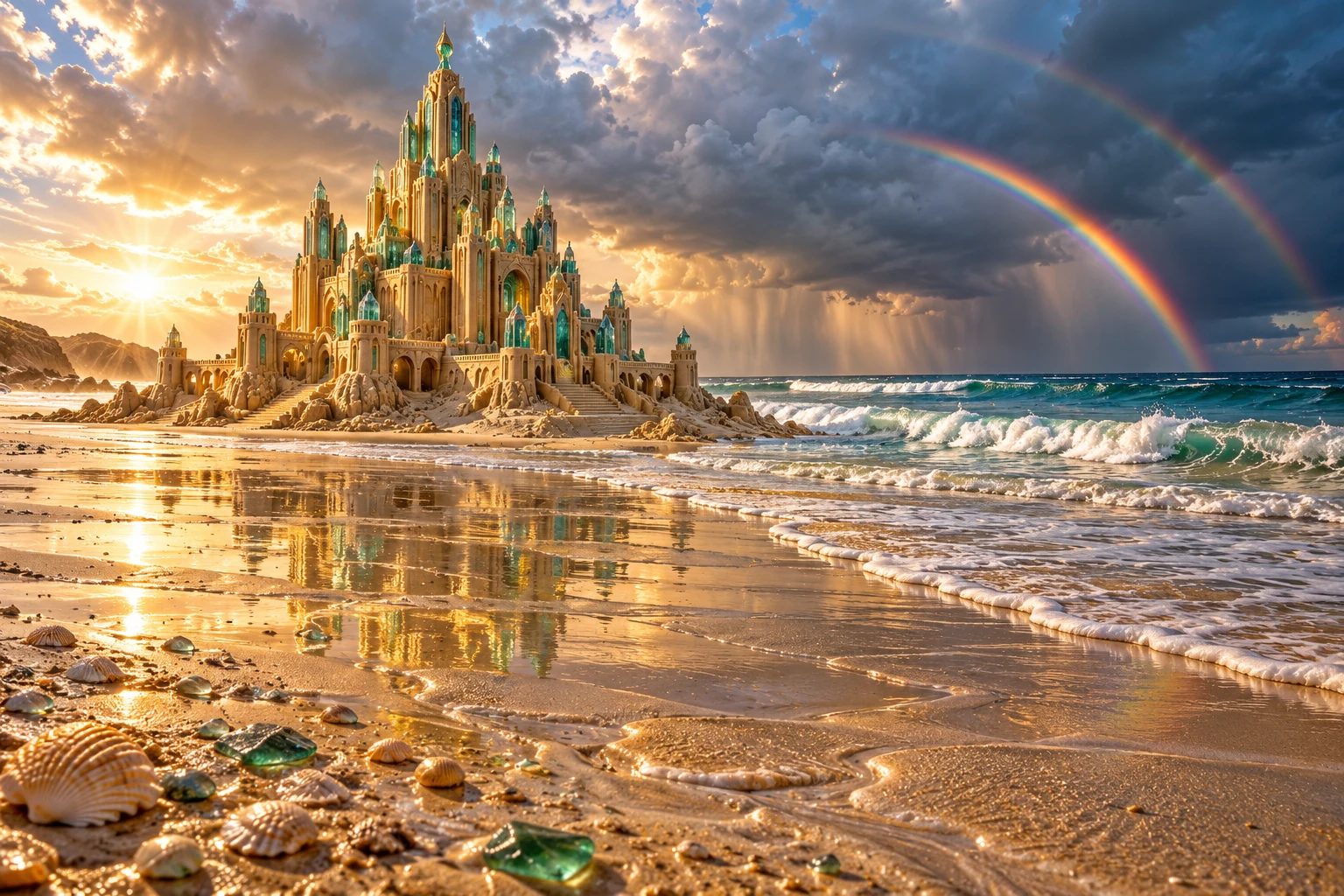 An Art Deco sandcastle with emerald spires and reflective pools beneath a double rainbow.
