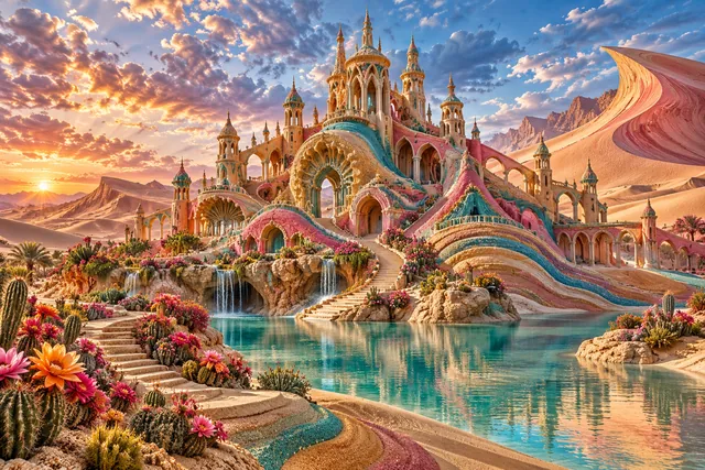 A colorful desert sandcastle with flowing terraces, blooming cacti, and a turquoise oasis.