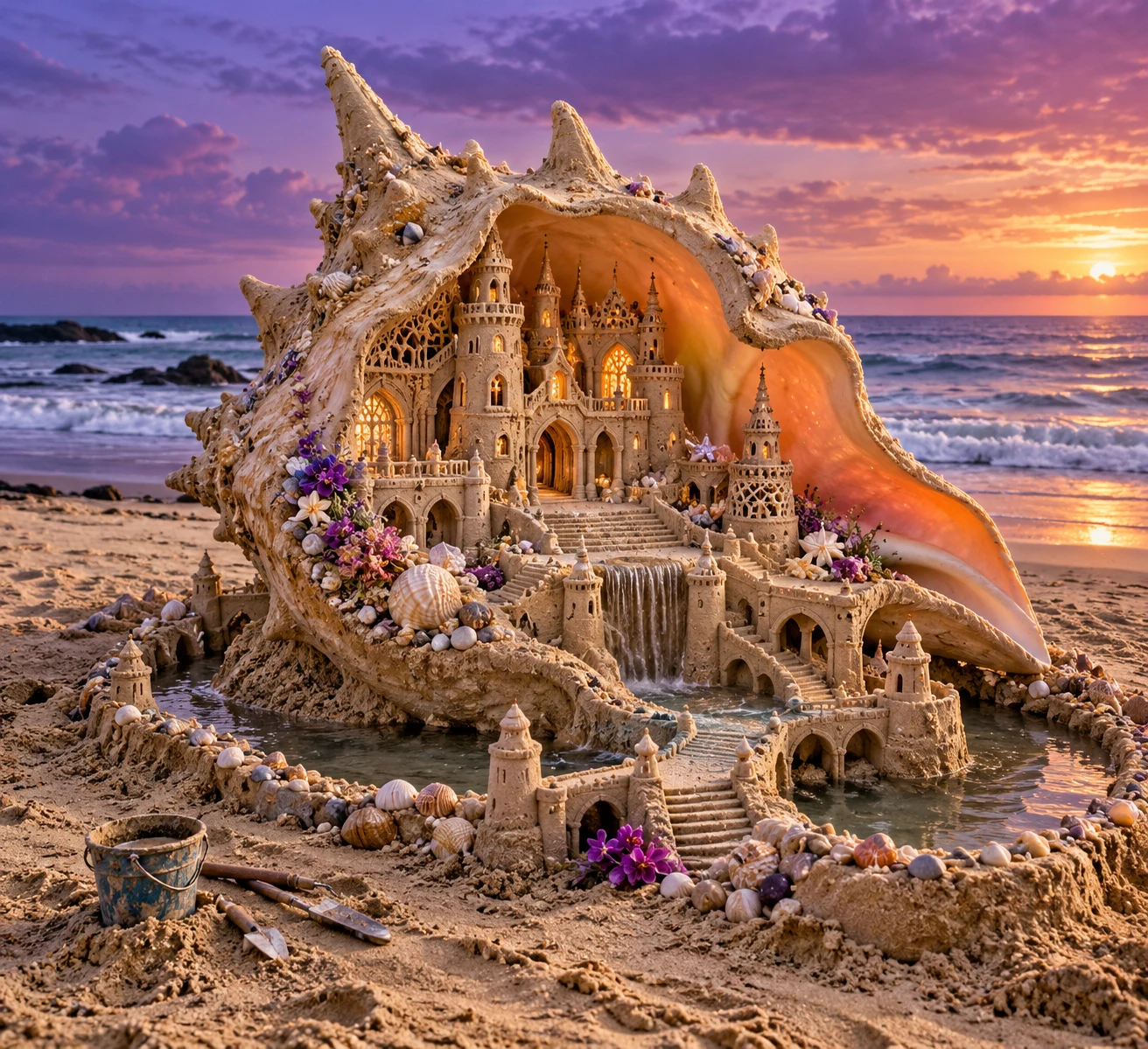 An elaborate sand cathedral tucked inside a giant conch shell on a sunset beach.