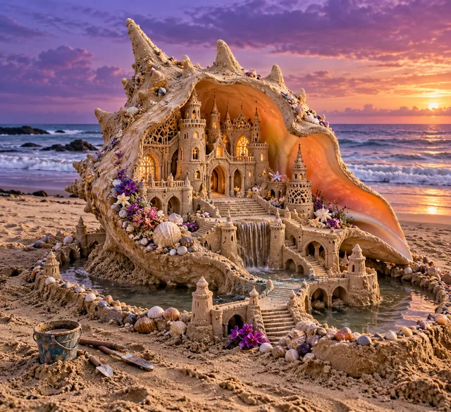 An elaborate sand cathedral tucked inside a giant conch shell on a sunset beach.