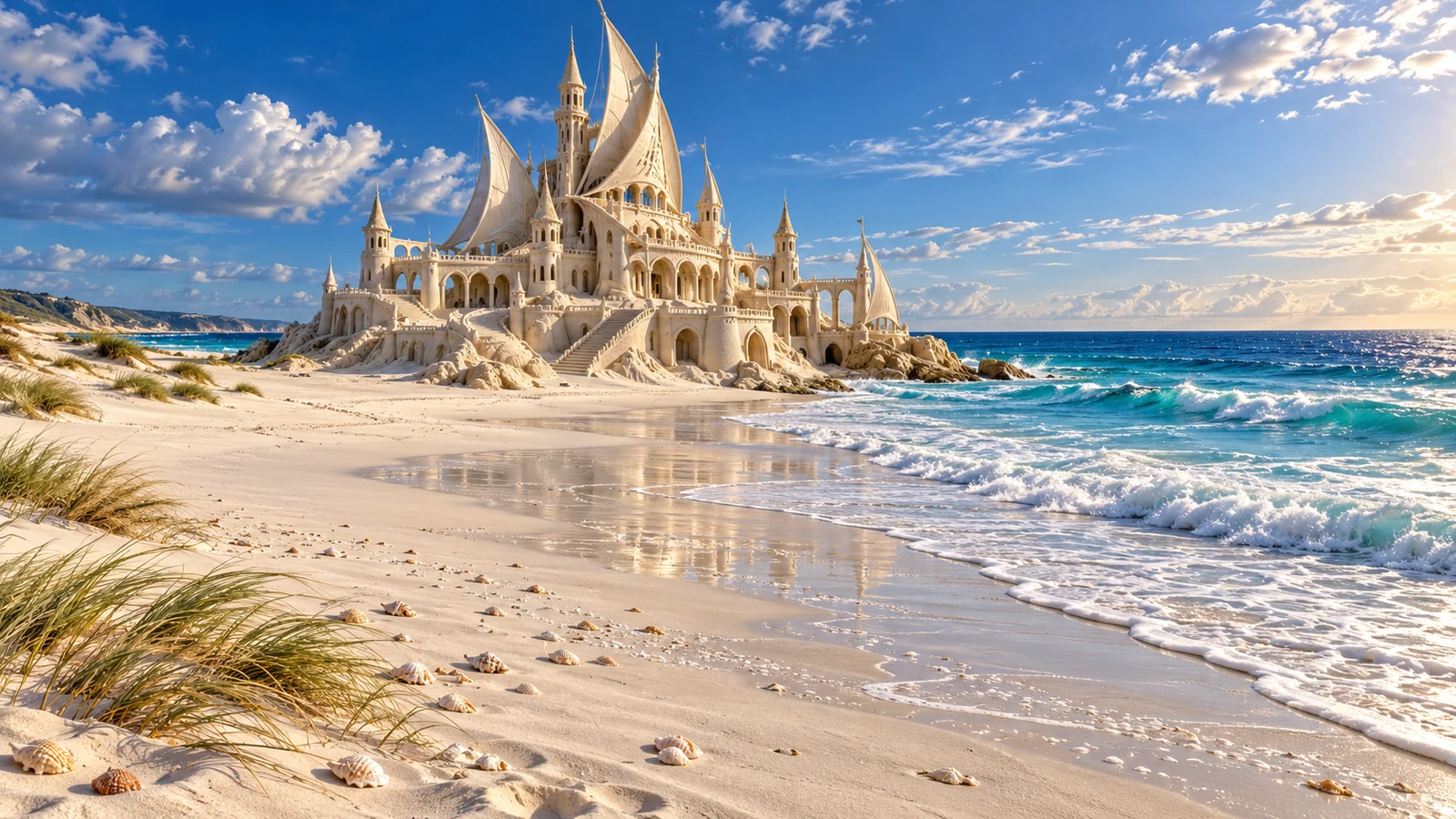 A pale sandcastle with sweeping sail-shaped towers beside a bright blue sea.