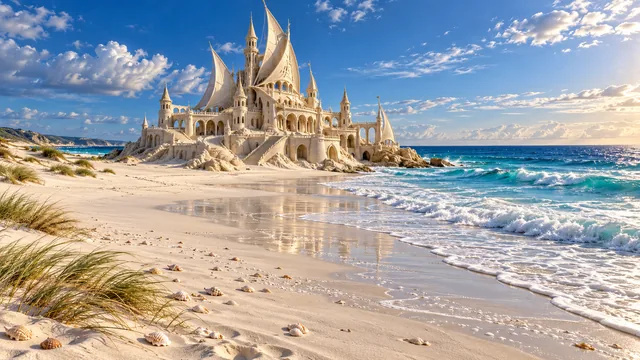 A pale sandcastle with sweeping sail-shaped towers beside a bright blue sea.