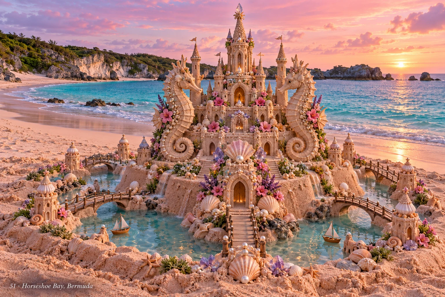 A shell-decorated sand palace framed by two sculpted sand seahorses, with arched bridges and small sailboats.