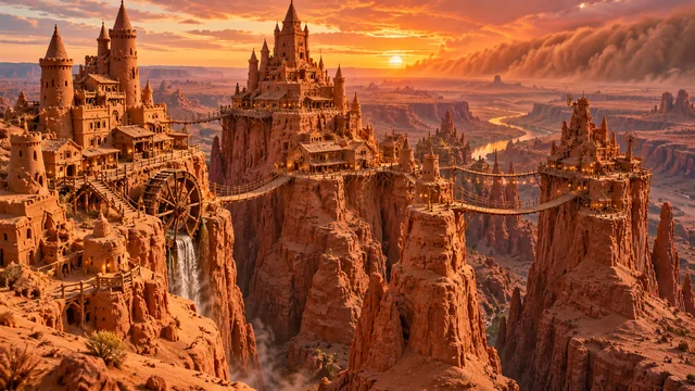 A Western-style sandcastle spans red canyon mesas with bridges beneath an orange sunset.