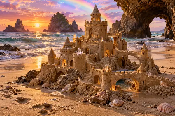 Golden Sandcastle Under a Rainbow Sky.