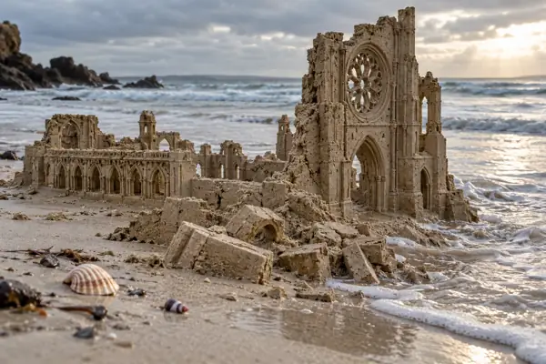 Eroded sand cathedral meets the tide.
