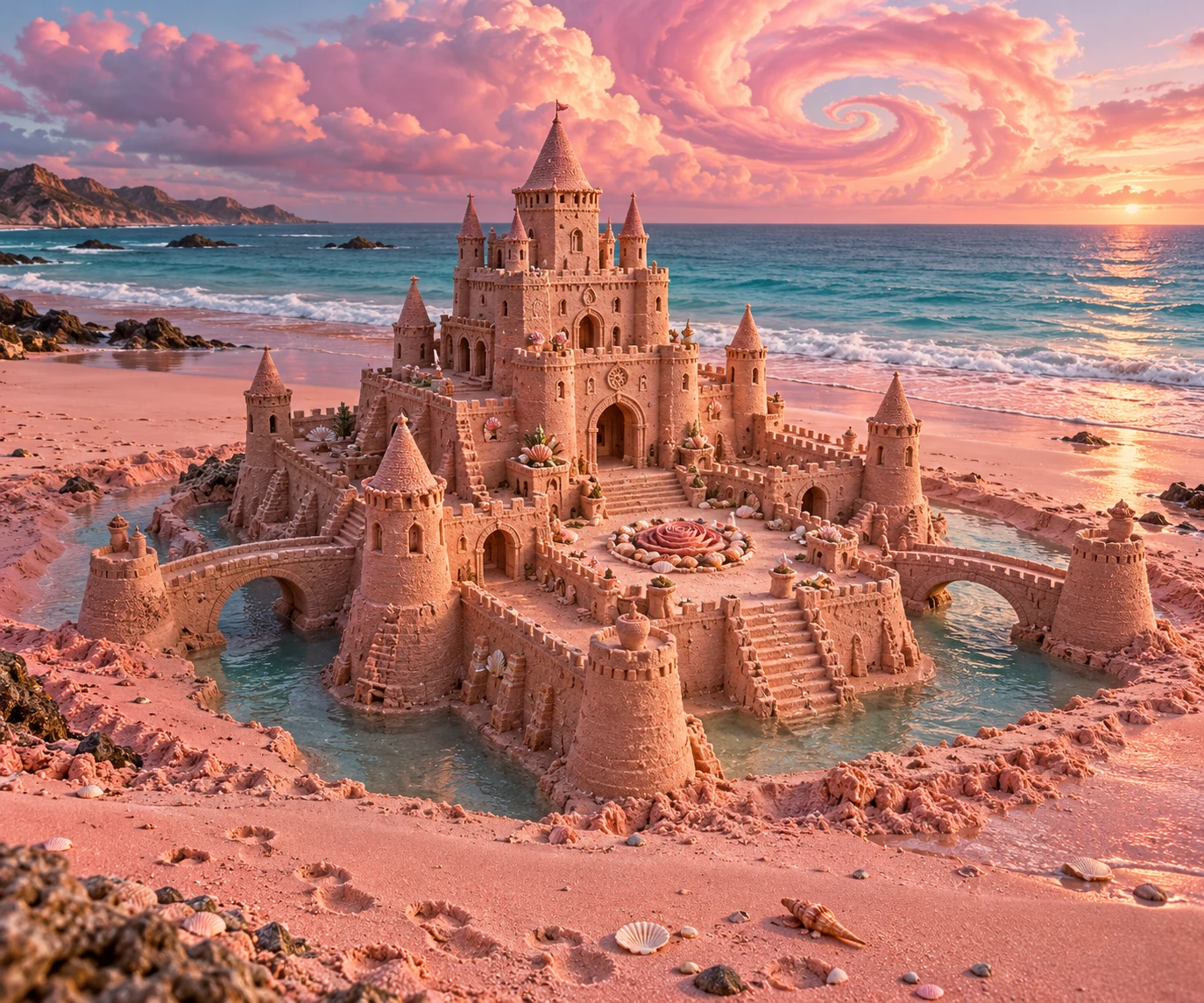 Rose-colored sandcastle with bridges and a spiral courtyard beneath swirling pink clouds.