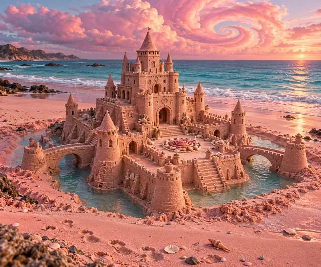 Rose-colored sandcastle with bridges and a spiral courtyard beneath swirling pink clouds.