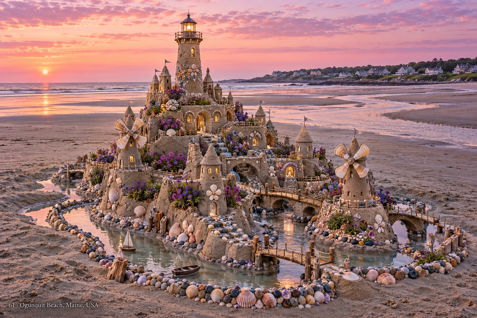 An ornate sandcastle kingdom with pools, bridges and small boats at Ogunquit Beach.