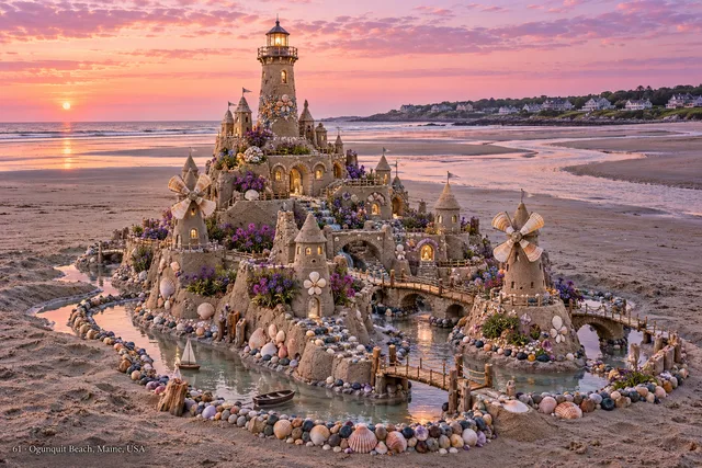 An ornate sandcastle kingdom with pools, bridges and small boats at Ogunquit Beach.