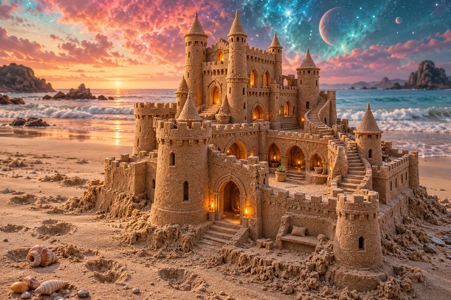 Tall chestnut-colored sandcastle with winding stairs beneath colorful nebula skies.
