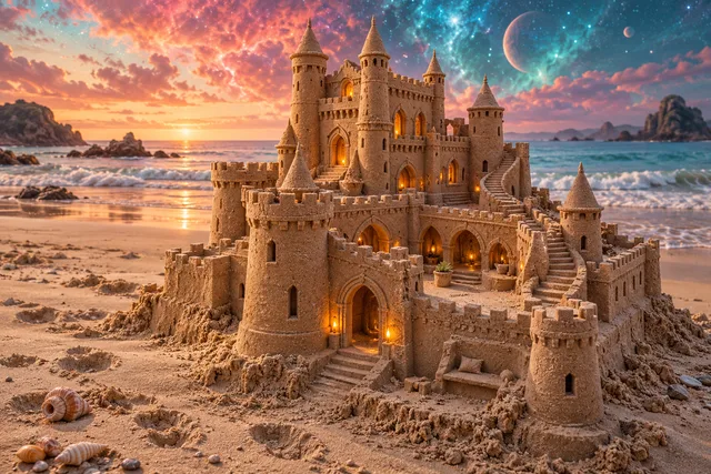 Tall chestnut-colored sandcastle with winding stairs beneath colorful nebula skies.
