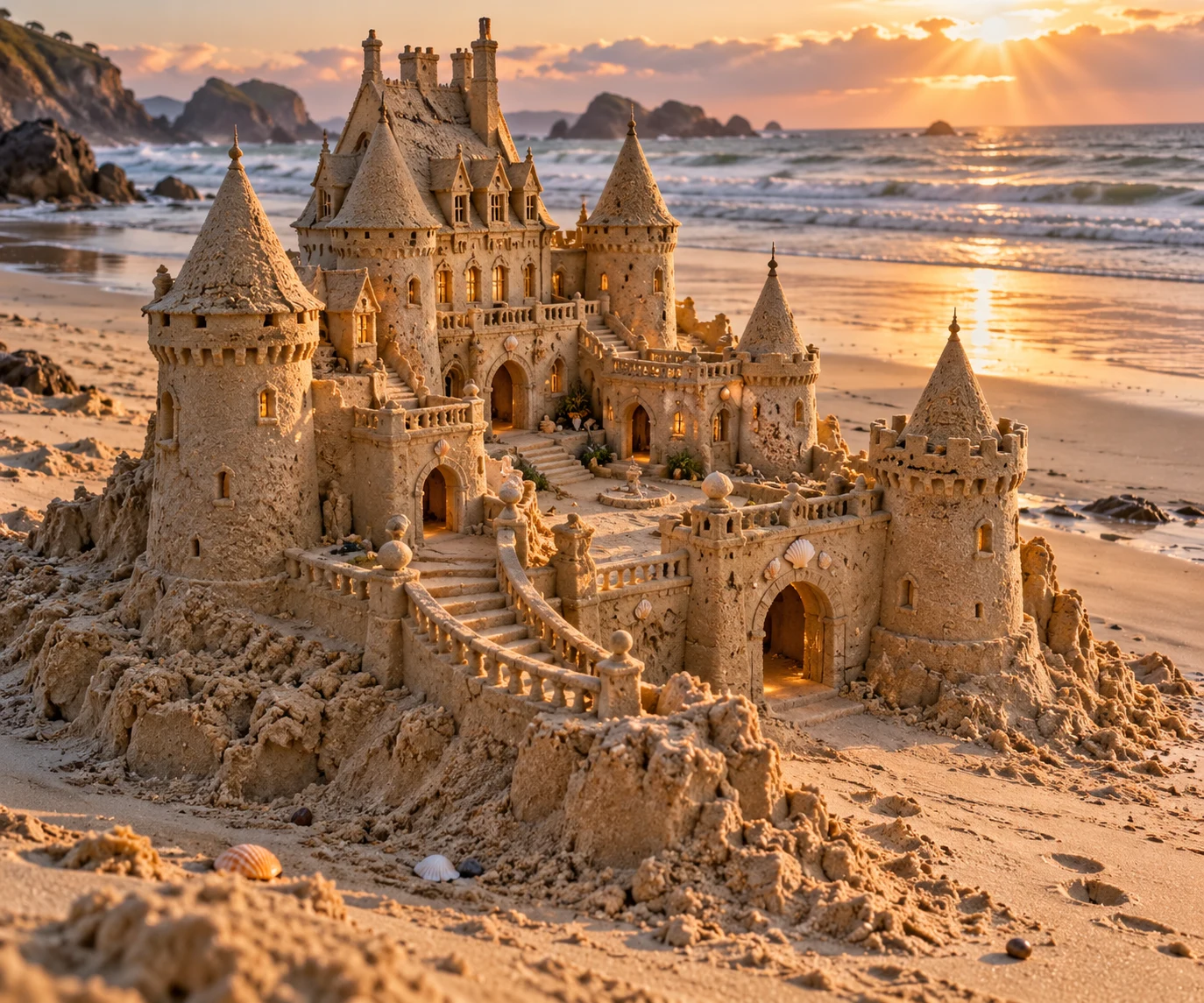 French chateau-style sandcastle with conical towers and curving stairs on a golden beach.